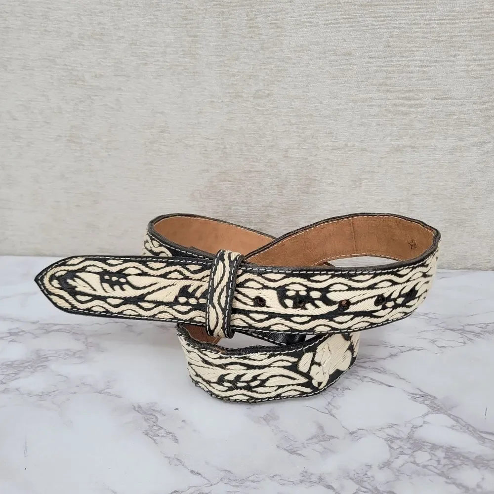 Black and Cream Embroidered Belt Mexico Western Cowboy Leather